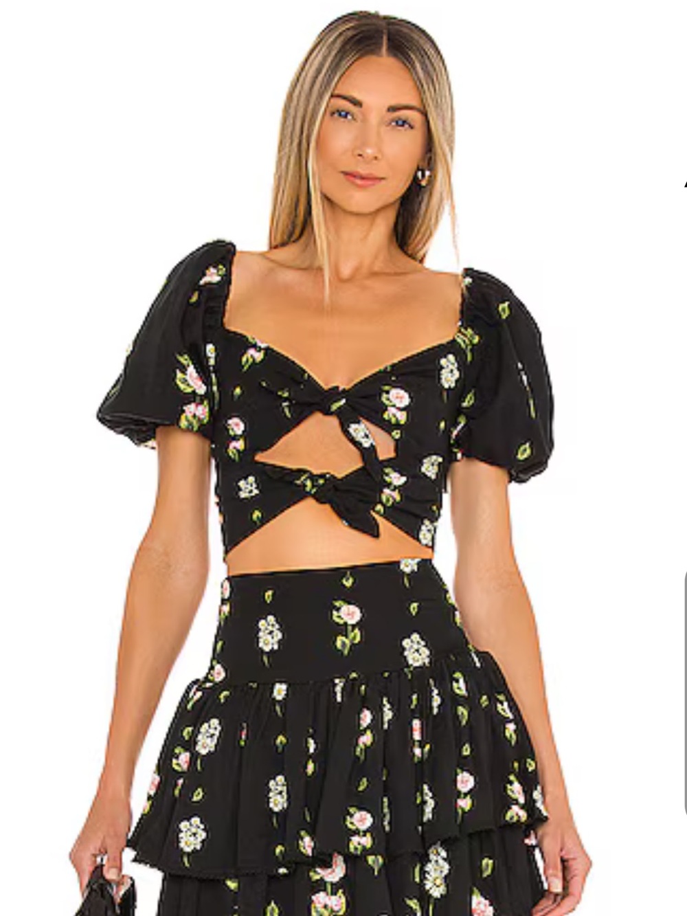 Agua Bendita Black Floral Tie-Front Puff Sleeve Crop Top